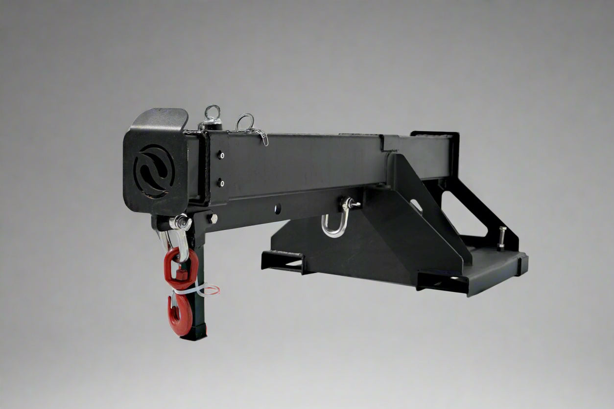 Adjustable skid steer jib boom on white background – extended view
Close-up of jib boom mounting to forklift tines
Forklift jib boom in telescoping position
6000 lb jib boom with dual swivel hooks
Fork-mounted heavy-duty boom – angled view