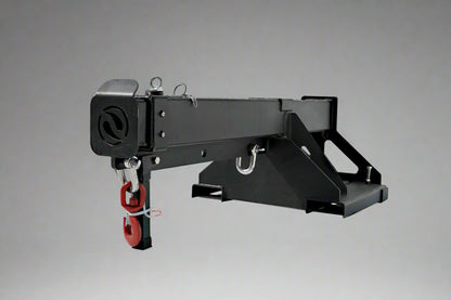 Adjustable skid steer jib boom on white background – extended view
Close-up of jib boom mounting to forklift tines
Forklift jib boom in telescoping position
6000 lb jib boom with dual swivel hooks
Fork-mounted heavy-duty boom – angled view
