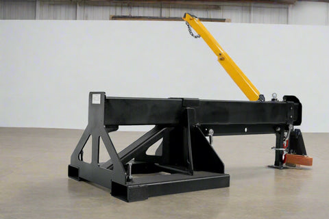 Adjustable skid steer jib boom on white background – extended view
Close-up of jib boom mounting to forklift tines
Forklift jib boom in telescoping position
6000 lb jib boom with dual swivel hooks
Fork-mounted heavy-duty boom – angled view