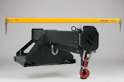 Adjustable skid steer jib boom on white background – extended view
Close-up of jib boom mounting to forklift tines
Forklift jib boom in telescoping position
6000 lb jib boom with dual swivel hooks
Fork-mounted heavy-duty boom – angled view