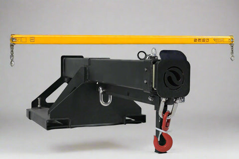 Adjustable skid steer jib boom on white background – extended view
Close-up of jib boom mounting to forklift tines
Forklift jib boom in telescoping position
6000 lb jib boom with dual swivel hooks
Fork-mounted heavy-duty boom – angled view