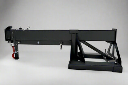 Adjustable skid steer jib boom on white background – extended view
Close-up of jib boom mounting to forklift tines
Forklift jib boom in telescoping position
6000 lb jib boom with dual swivel hooks
Fork-mounted heavy-duty boom – angled view