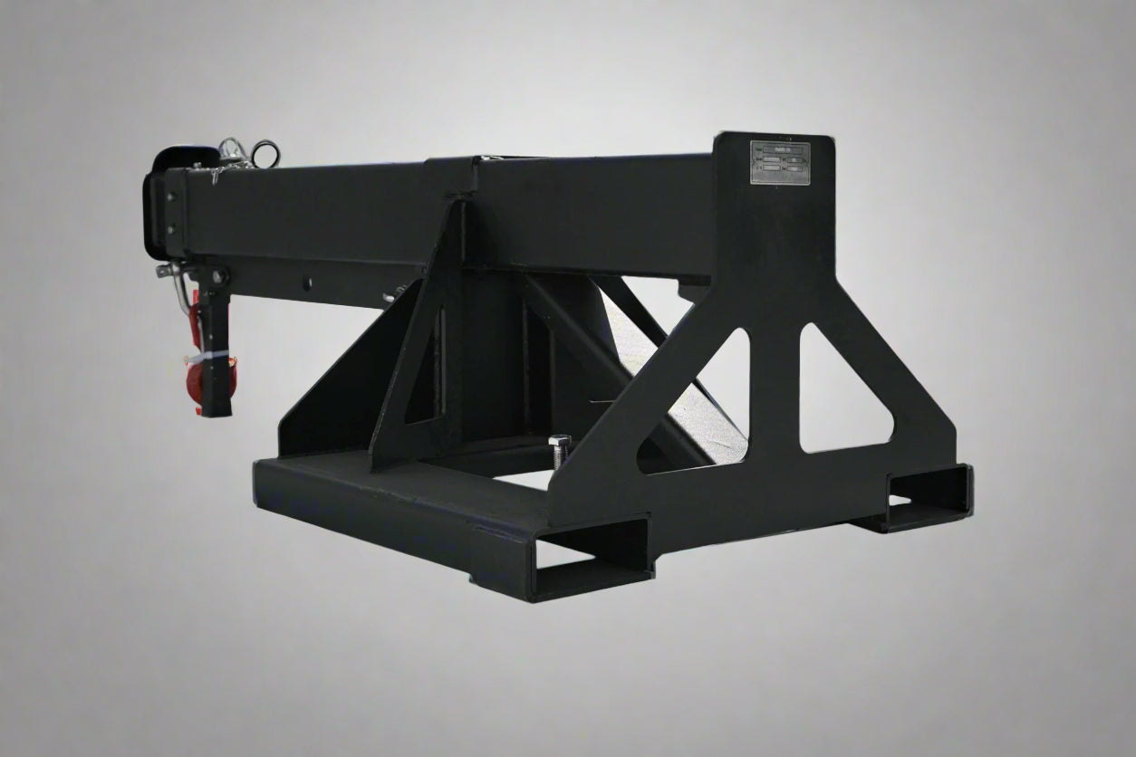 Adjustable skid steer jib boom on white background – extended view
Close-up of jib boom mounting to forklift tines
Forklift jib boom in telescoping position
6000 lb jib boom with dual swivel hooks
Fork-mounted heavy-duty boom – angled view