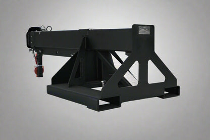 Adjustable skid steer jib boom on white background – extended view
Close-up of jib boom mounting to forklift tines
Forklift jib boom in telescoping position
6000 lb jib boom with dual swivel hooks
Fork-mounted heavy-duty boom – angled view