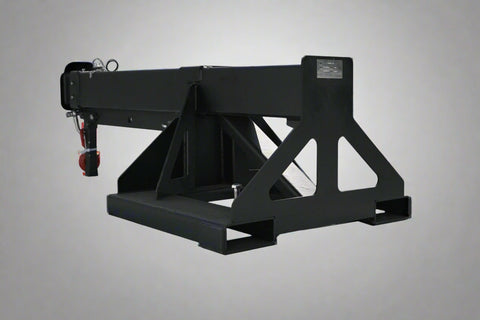 Adjustable skid steer jib boom on white background – extended view
Close-up of jib boom mounting to forklift tines
Forklift jib boom in telescoping position
6000 lb jib boom with dual swivel hooks
Fork-mounted heavy-duty boom – angled view