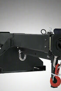 Adjustable skid steer jib boom on white background – extended view
Close-up of jib boom mounting to forklift tines
Forklift jib boom in telescoping position
6000 lb jib boom with dual swivel hooks
Fork-mounted heavy-duty boom – angled view