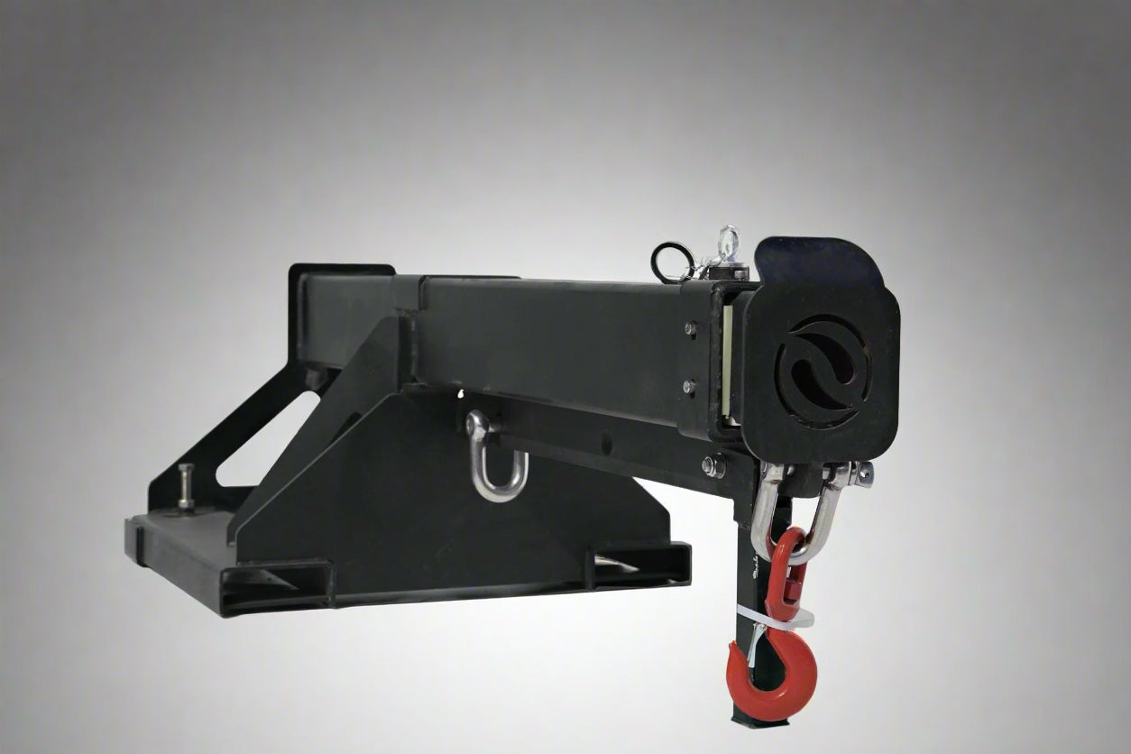 Adjustable skid steer jib boom on white background – extended view
Close-up of jib boom mounting to forklift tines
Forklift jib boom in telescoping position
6000 lb jib boom with dual swivel hooks
Fork-mounted heavy-duty boom – angled view