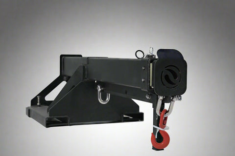 Adjustable skid steer jib boom on white background – extended view
Close-up of jib boom mounting to forklift tines
Forklift jib boom in telescoping position
6000 lb jib boom with dual swivel hooks
Fork-mounted heavy-duty boom – angled view