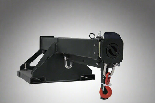 Adjustable skid steer jib boom on white background – extended view
Close-up of jib boom mounting to forklift tines
Forklift jib boom in telescoping position
6000 lb jib boom with dual swivel hooks
Fork-mounted heavy-duty boom – angled view