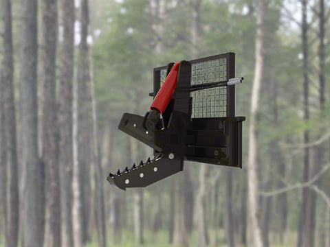 Rotating tree shear attachment mounted on skid steer
Side view of 965091 rotating tree cutter
Shear in upright rotation position
Hydraulic tree shear close-up view
965091 skid steer forestry attachment