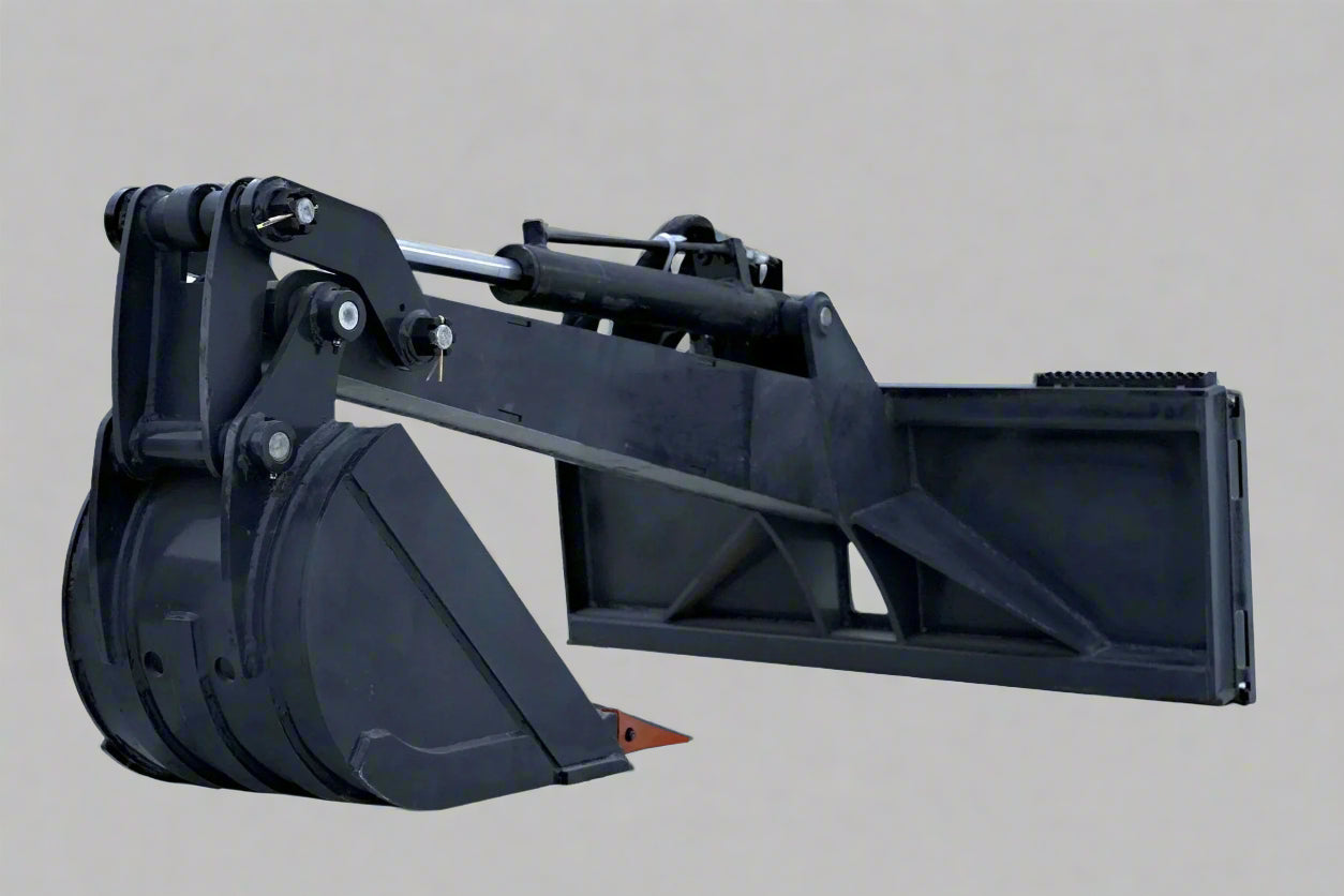 Skid steer backhoe digging bucket with fixed arm and cast teeth

Second Image: Side angle of heavy-duty fixed arm digging bucket

Third Image: Skid steer bucket attached to loader arm in operating position