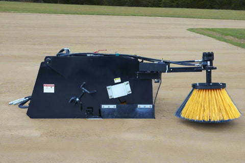Skid Steer Bucket Sweeper with side broom mounted
Closeup of side broom attachment for skid steer
Top-down view of BBS210 sweeper brush
Hydraulic broom with enclosed dust cover
Front view of skid steer bucket sweeper system
