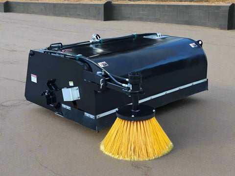 Skid Steer Bucket Sweeper with side broom mounted
Closeup of side broom attachment for skid steer
Top-down view of BBS210 sweeper brush
Hydraulic broom with enclosed dust cover
Front view of skid steer bucket sweeper system