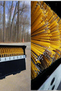 Skid Steer Bucket Sweeper with side broom mounted
Closeup of side broom attachment for skid steer
Top-down view of BBS210 sweeper brush
Hydraulic broom with enclosed dust cover
Front view of skid steer bucket sweeper system