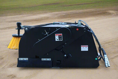Skid Steer Bucket Sweeper with side broom mounted
Closeup of side broom attachment for skid steer
Top-down view of BBS210 sweeper brush
Hydraulic broom with enclosed dust cover
Front view of skid steer bucket sweeper system
