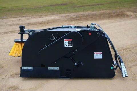 Skid Steer Bucket Sweeper with side broom mounted
Closeup of side broom attachment for skid steer
Top-down view of BBS210 sweeper brush
Hydraulic broom with enclosed dust cover
Front view of skid steer bucket sweeper system