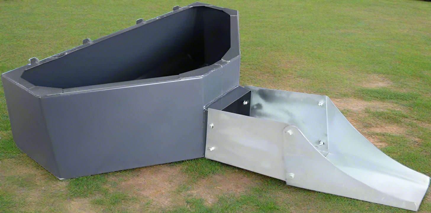 Front view of skid steer concrete hopper bucket
Angled view showing chute and hopper depth
Top-down view of 900L capacity hopper
Side profile of bucket chute attachment
Skid steer concrete bucket mounted and in use