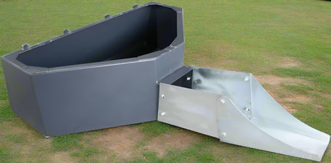Front view of skid steer concrete hopper bucket
Angled view showing chute and hopper depth
Top-down view of 900L capacity hopper
Side profile of bucket chute attachment
Skid steer concrete bucket mounted and in use