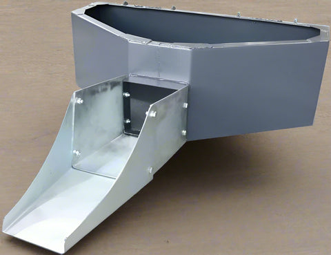 Front view of skid steer concrete hopper bucket
Angled view showing chute and hopper depth
Top-down view of 900L capacity hopper
Side profile of bucket chute attachment
Skid steer concrete bucket mounted and in use