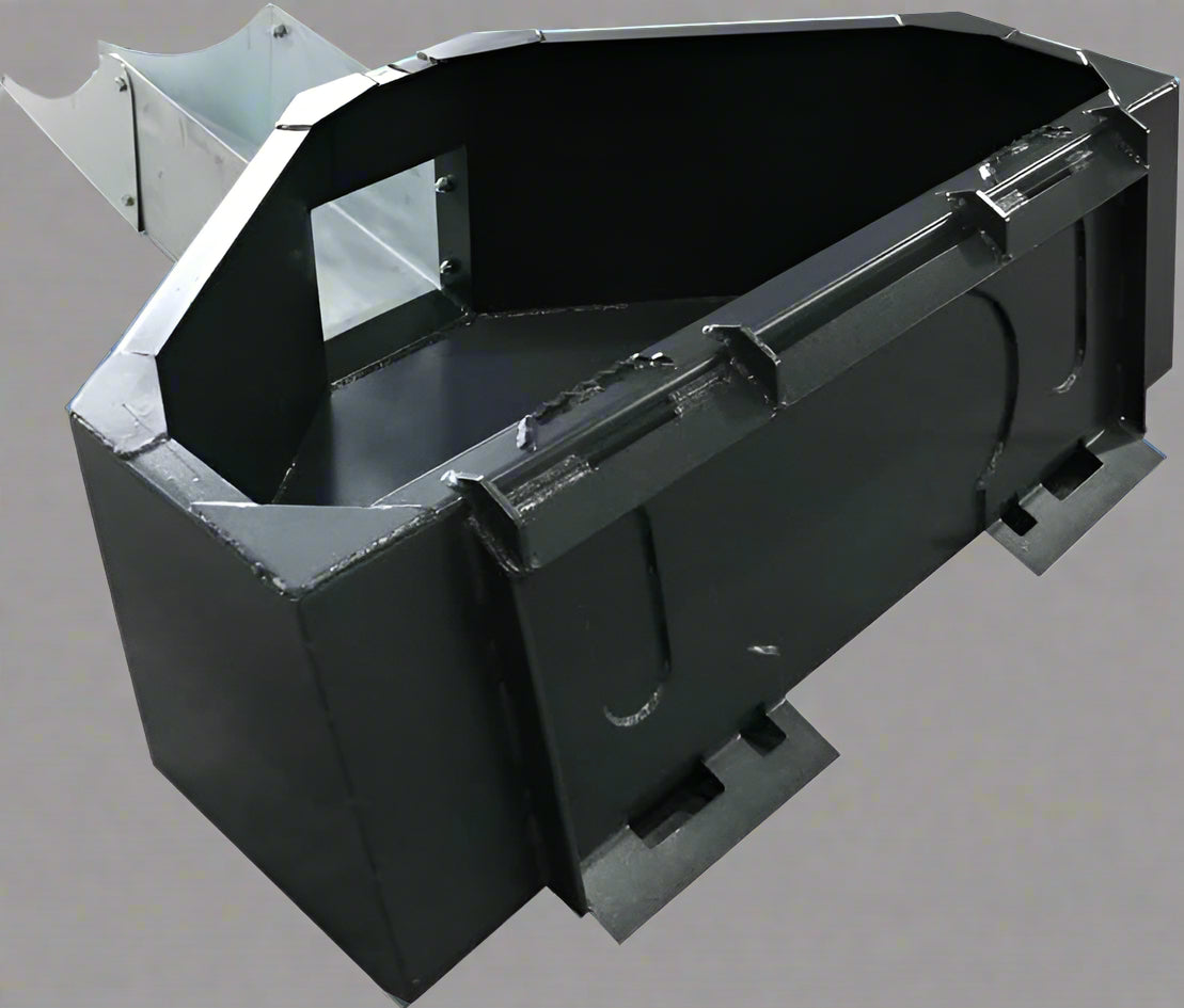 Front view of skid steer concrete hopper bucket
Angled view showing chute and hopper depth
Top-down view of 900L capacity hopper
Side profile of bucket chute attachment
Skid steer concrete bucket mounted and in use