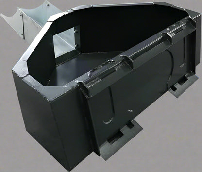 Front view of skid steer concrete hopper bucket
Angled view showing chute and hopper depth
Top-down view of 900L capacity hopper
Side profile of bucket chute attachment
Skid steer concrete bucket mounted and in use