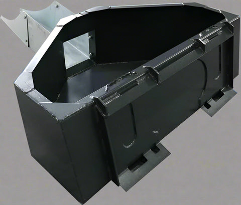 Front view of skid steer concrete hopper bucket
Angled view showing chute and hopper depth
Top-down view of 900L capacity hopper
Side profile of bucket chute attachment
Skid steer concrete bucket mounted and in use