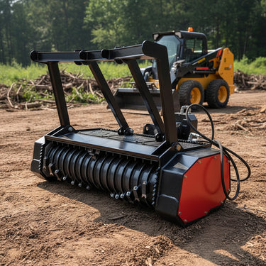 Skid Steer Drum Mulcher with heavy-duty drum and black housing

Second Image: Mounted rotary slasher on skid steer for brush cutting

Third Image: Close-up view of reinforced rotor and cutting teeth

Fourth Image: Side profile of attachment with connection points