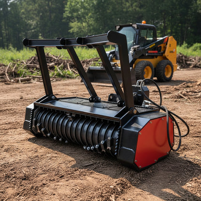 Skid Steer Drum Mulcher with heavy-duty drum and black housing

Second Image: Mounted rotary slasher on skid steer for brush cutting

Third Image: Close-up view of reinforced rotor and cutting teeth

Fourth Image: Side profile of attachment with connection points