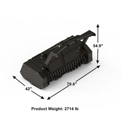 Skid Steer Drum Mulcher with heavy-duty drum and black housing

Second Image: Mounted rotary slasher on skid steer for brush cutting

Third Image: Close-up view of reinforced rotor and cutting teeth

Fourth Image: Side profile of attachment with connection points