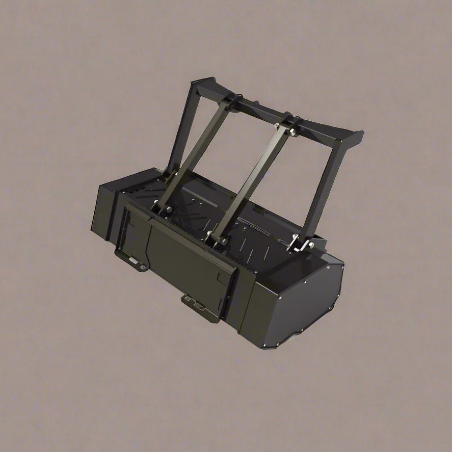 Skid Steer Drum Mulcher with heavy-duty drum and black housing

Second Image: Mounted rotary slasher on skid steer for brush cutting

Third Image: Close-up view of reinforced rotor and cutting teeth

Fourth Image: Side profile of attachment with connection points
