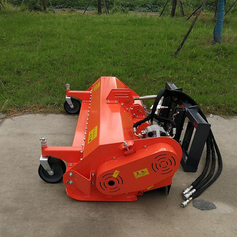 77" Skid Steer Flail Mower full front view
SSFM180 mower attachment from side angle
Hydraulic mower mounted on skid steer
Rear safety guard and roller of SSFM180
Top-down view of flail mower blades and frame