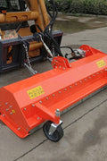 77" Skid Steer Flail Mower full front view
SSFM180 mower attachment from side angle
Hydraulic mower mounted on skid steer
Rear safety guard and roller of SSFM180
Top-down view of flail mower blades and frame