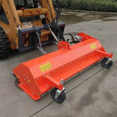 77" Skid Steer Flail Mower full front view
SSFM180 mower attachment from side angle
Hydraulic mower mounted on skid steer
Rear safety guard and roller of SSFM180
Top-down view of flail mower blades and frame