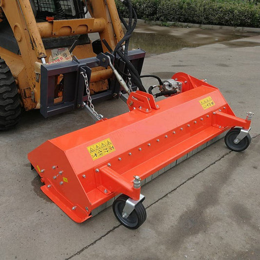 77" Skid Steer Flail Mower full front view
SSFM180 mower attachment from side angle
Hydraulic mower mounted on skid steer
Rear safety guard and roller of SSFM180
Top-down view of flail mower blades and frame