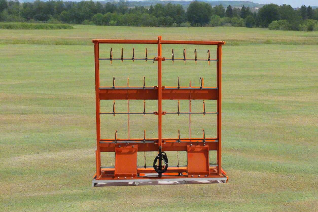 Skid steer hay accumulator with 24 hooks
Bale grab attachment for 8 to 10 rectangular bales
Heavy-duty hay grapple for skid steer loader
Orange steel bale accumulator attachment
Universal mount hay handling tool