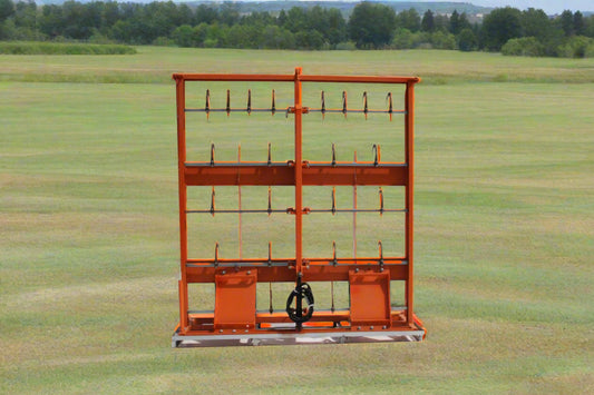 Skid steer hay accumulator with 24 hooks
Bale grab attachment for 8 to 10 rectangular bales
Heavy-duty hay grapple for skid steer loader
Orange steel bale accumulator attachment
Universal mount hay handling tool