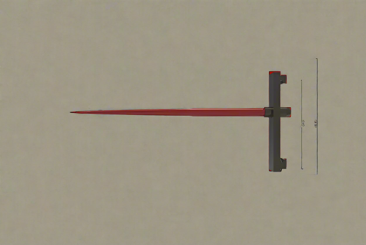 Slip-On Hay Bale Spear Fork mounted on forklift
Side view of main hay spear and frame
Technical diagram showing dimensions of hay spear
Top-down view of red bale spear for skid steer