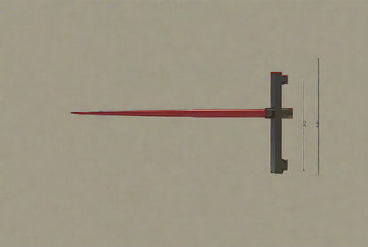 Slip-On Hay Bale Spear Fork mounted on forklift
Side view of main hay spear and frame
Technical diagram showing dimensions of hay spear
Top-down view of red bale spear for skid steer