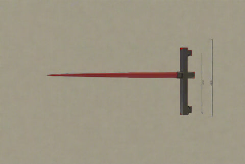 Slip-On Hay Bale Spear Fork mounted on forklift
Side view of main hay spear and frame
Technical diagram showing dimensions of hay spear
Top-down view of red bale spear for skid steer