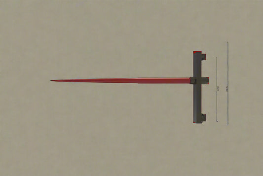 Slip-On Hay Bale Spear Fork mounted on forklift
Side view of main hay spear and frame
Technical diagram showing dimensions of hay spear
Top-down view of red bale spear for skid steer