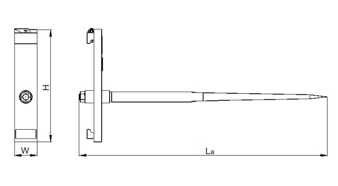 Slip-On Hay Bale Spear Fork mounted on forklift
Side view of main hay spear and frame
Technical diagram showing dimensions of hay spear
Top-down view of red bale spear for skid steer