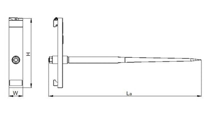 Slip-On Hay Bale Spear Fork mounted on forklift
Side view of main hay spear and frame
Technical diagram showing dimensions of hay spear
Top-down view of red bale spear for skid steer