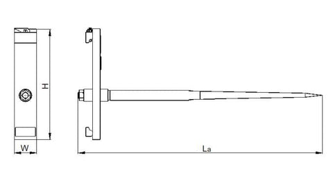 Slip-On Hay Bale Spear Fork mounted on forklift
Side view of main hay spear and frame
Technical diagram showing dimensions of hay spear
Top-down view of red bale spear for skid steer