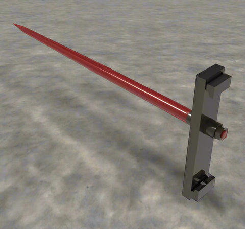 Slip-On Hay Bale Spear Fork mounted on forklift
Side view of main hay spear and frame
Technical diagram showing dimensions of hay spear
Top-down view of red bale spear for skid steer
