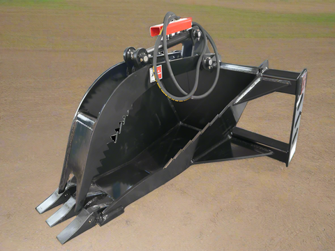 Skid steer hydraulic stump bucket grapple side view
Top view of stump grapple showing hydraulic cylinders
Open position of the stump bucket grapple attachment
Close-up of grapple jaws in action