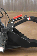Skid steer hydraulic stump bucket grapple side view
Top view of stump grapple showing hydraulic cylinders
Open position of the stump bucket grapple attachment
Close-up of grapple jaws in action