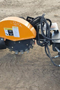 Hydraulic swing stump grinder attached to skid steer – front view
Side view of SG1308D stump grinder wheel and teeth
Close-up of carbide cutting wheel on stump grinder