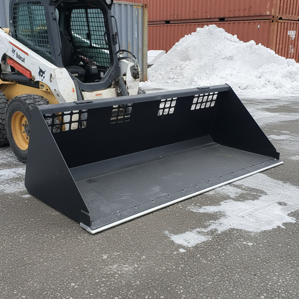 wide skid steer snow and mulch bucket with cutting edge