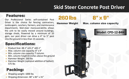 CPD1284H Skid Steer Post Driver mounted on skid steer

Side view of Quick Sledge hydraulic post driver on worksite

Self-contained fence post driver close-up with universal mount

Post driver driving steel post into ground on rocky terrain

Compact skid steer post driver for fencing and landscaping