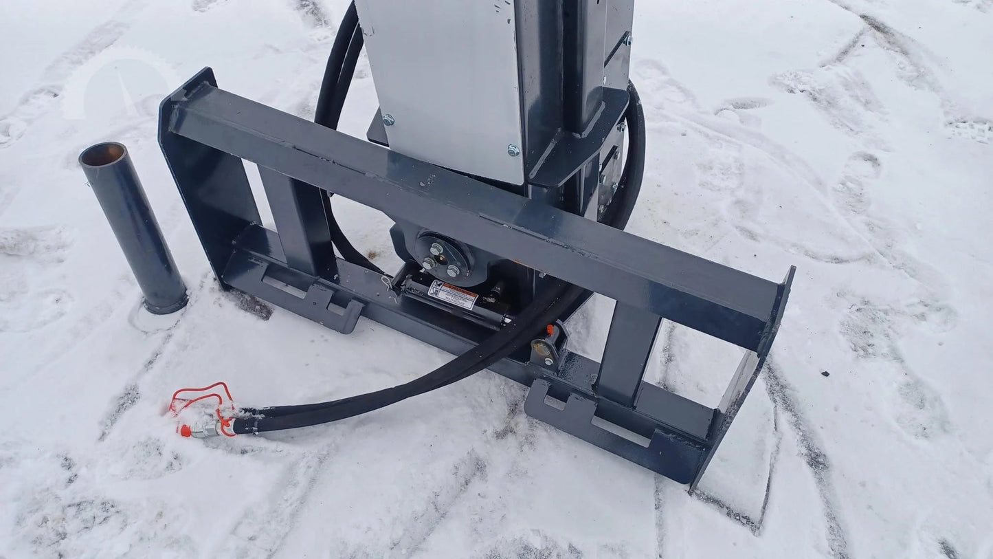 CPD1284H Skid Steer Post Driver mounted on skid steer

Side view of Quick Sledge hydraulic post driver on worksite

Self-contained fence post driver close-up with universal mount

Post driver driving steel post into ground on rocky terrain

Compact skid steer post driver for fencing and landscaping